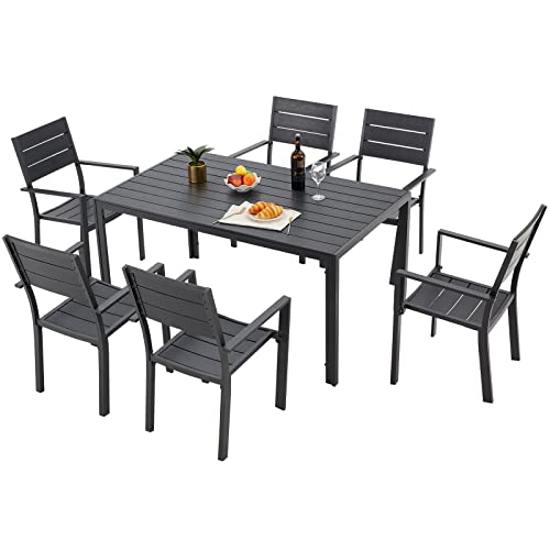 AECOJOY 7 Piece Outdoor Dining Set, Aluminum Patio Table and Chairs Set for 6 with Rectangular Table and Stackable Chairs for Garden, Backyard, Black