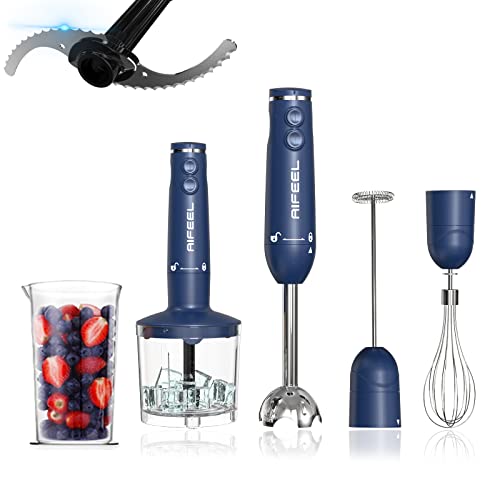 Aifeel Immersion Hand Blender.300W Handheld Stick Blender Set with 500ML Food Processor, Ice Crusher.600ML Measuring Cup, SUS blending attachment and Wire Whisk - Blue