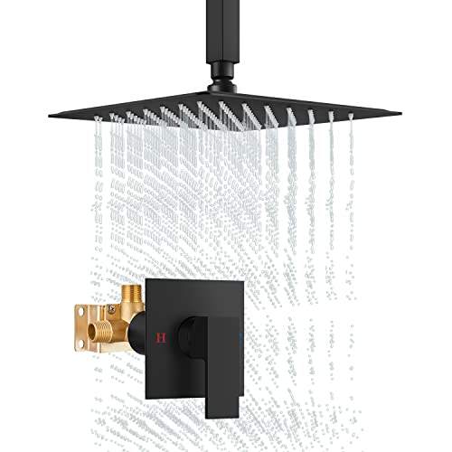 Airuida Matte Black Shower Faucet Set 12 Inch Square Shower Head and Handle Set Single Function Shower Trim Kit Ceiling Mount Bathroom with Male Threads and Rough-in Valve