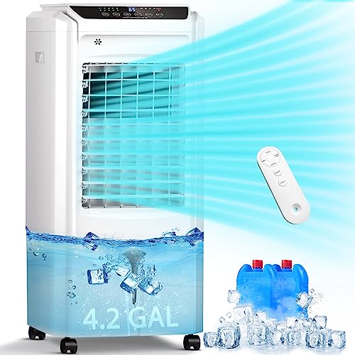 AKIRES 1800 CFM Portable Swamp Cooler,100° Oscillating Evaporative Air Cooler with Remote,4.2-Gal Water Tank,12-H Timer,2 Ice Packs,31IN Bladeless Cooling Ac Tower Fan for Indoor Room Bedroom (White)