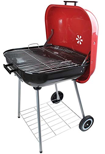 alp Classic Large Square 22x22" Charcoal Barbecue Grill Portable BBQ Heavy Steel W/Wheels Legs Ash Catcher Red/Black Color