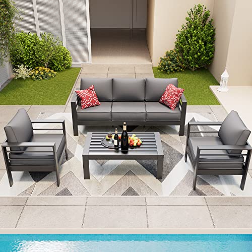 Amopatio Aluminum Patio Furniture Set, 6 Pieces Modern Patio Conversation Sets, Outdoor Sectional Metal Sofa with Cushion and Coffee Table for Balcony, Garden, Dark Grey (Included Waterproof Covers)