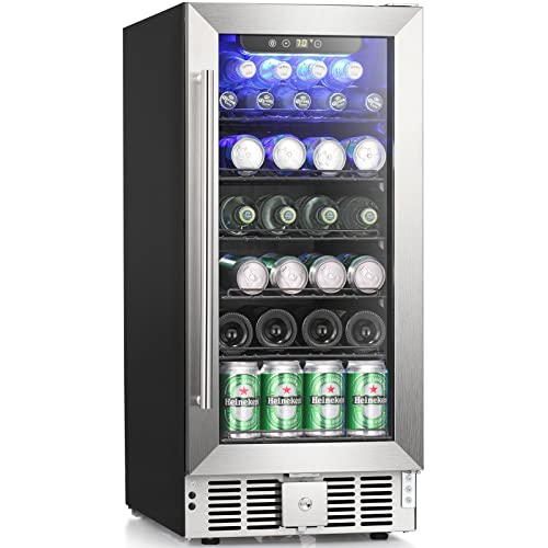 Antarctic Star 15 Inch Beverage Refrigerator Cooler - 2.9 Cu.Ft Wine or Champagne Cooler Low Noise Transparent Glass Door LED Light for Home and Bar 115V 60Hz Electronic Temperature Control