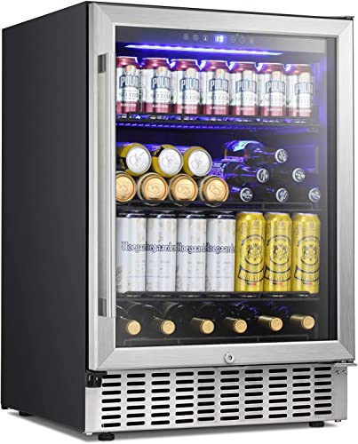 Antarctic Star 24 Inch Beverage Refrigerator Under Counter Built-in Wine Cooler Mini Fridge Clear Glass Door Digital Memory Temperature Control, Beer Soda LED Light, Quiet Operation (24 Inch)