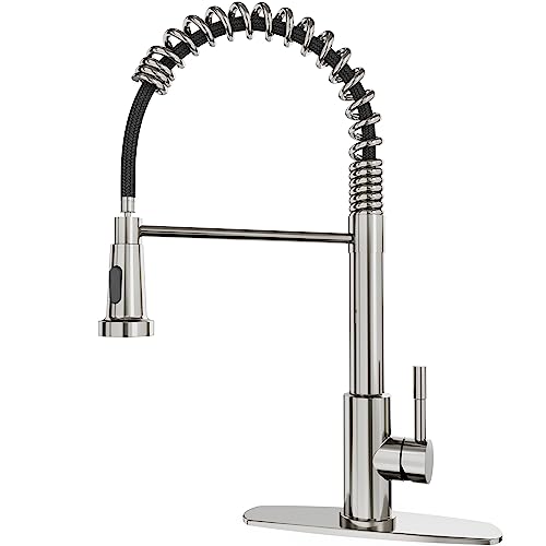 ARRISEA Single Hanlde Stainless Steel Kitchen Faucet, Single Hole Single Lever High Arc Brushed Nickel Kitchen Sink Faucets with Pull Down Sprayer, Pull Out Laundry Sink Faucets with Deck Plate