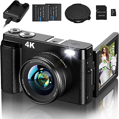 Aufoya 4K Digital Camera, Autofocus 48MP Video Camera Camcorder with 32GB Memory Card, 180° Flip Screen 16X Digital Zoom Vlogging Camera for YouTube with Battery Charger, 2 Batteries