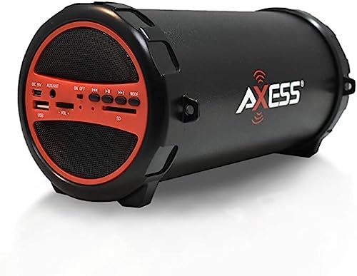 Axess SPBT1031 Portable Bluetooth Indoor/Outdoor 2.1 Hi-Fi Cylinder Loud Speaker with Built-in 3" Sub and SD Card, USB, AUX Inputs in Red