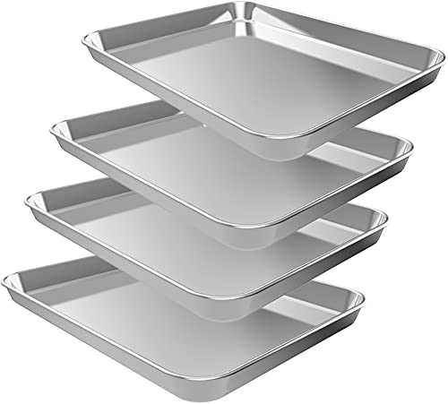 Baking Sheet Set of 4, CEKEE Stainless Steel Small Cookie Sheets For Baking, Baking Pan Tray, Warp Resistant & Heavy Duty & Rust Free Baking Pans Set - Size 9.3 x 6.9 x 0.98 Inch