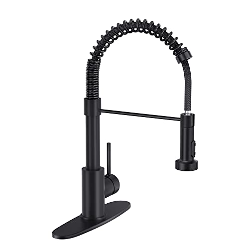BASDEHEN Kitchen Faucets with Pull Down Sprayer, Black Spring Commercial Kitchen Sink Faucet Solid Brass with 10 Inch Mounting Table 1 Hole Or 3 Hole Compatible