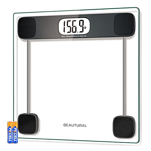 BEAUTURAL Digital Bathroom Scale for Body Weight, LCD Display, 400lb, 4 AAA Batteries and Tape Measure Included,Tempered Glass