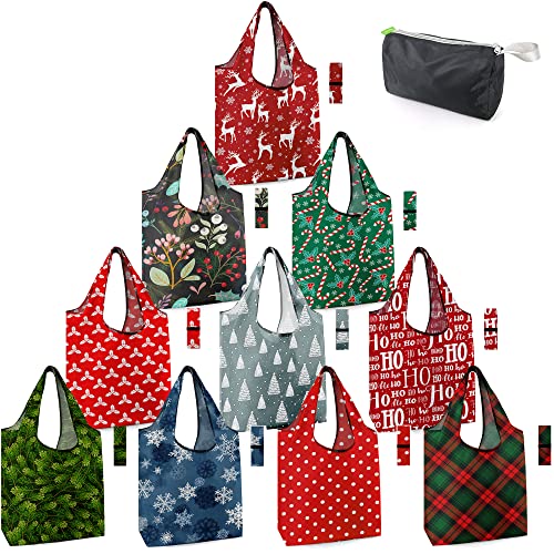 BeeGreen Christmas Reusable Shopping Bags with Zipper Storage Pouch 10 Pack Reusable Grocery Bags Bulk with Elastic Band Foldable-Machine Washable Grocery Tote Bags for Christmas Parties