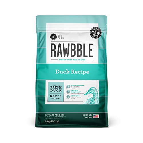 BIXBI Rawbble Dry Dog Food, Duck, 4 lbs - USA Made with Fresh Meat - No Meat Meal & No Corn, Soy or Wheat - Freeze Dried Raw Coated Dog Food - Minimally Processed for Superior Digestibility