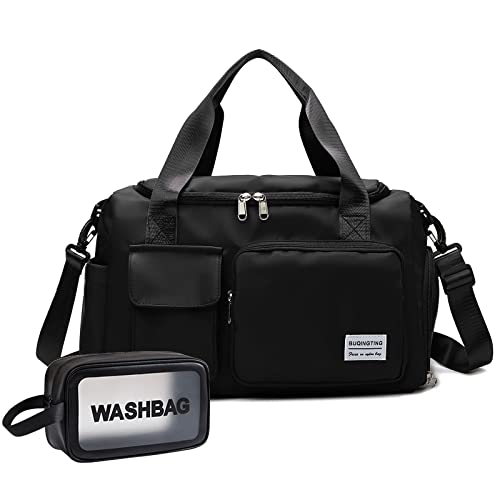 Black Gym Bag for Women, Waterproof Travel Duffle Carry On Weekender with Shoe Compartment & Wet Pocket, Tote Travel, Workout, Sport