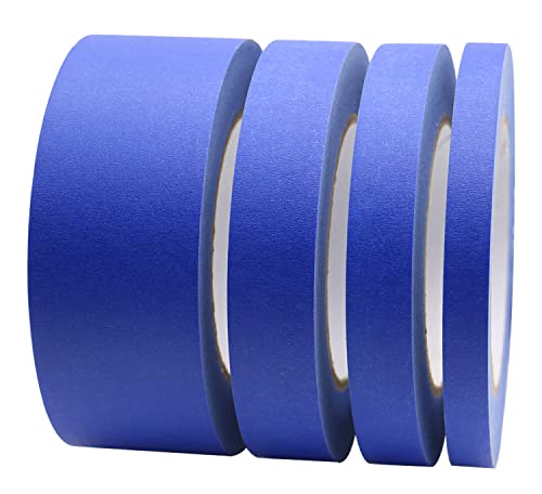 BOMEI PACK 4 Pack Blue Painters Tape, 1/2" 3/4" 1” 2” x 60yds, Multi Size Painting Masking Tape, Clean Release Paper Tape for Home and Office