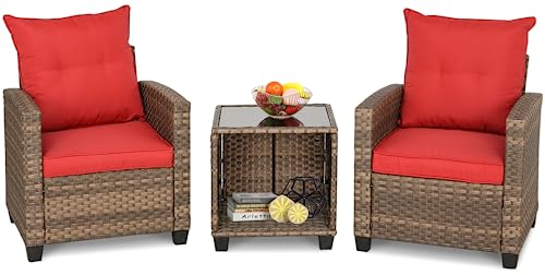 BPTD 3 Pieces Patio Furniture Set Balcony Furniture PE Rattan Wicker Outdoor Sofa Set with Washable Cushion and Tempered Glass Table to for Garden, Poolside and Balcony (Brown/Red)