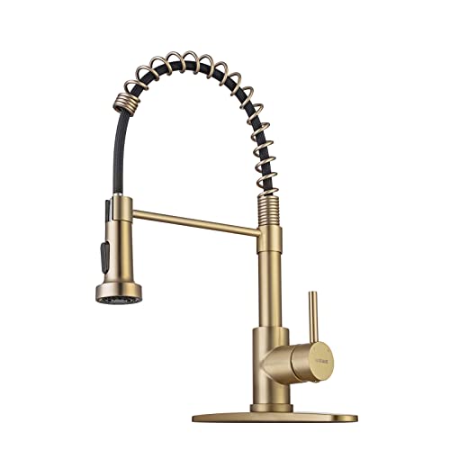 Brushed Gold Kitchen Faucet with Pull Down Sprayer, RV Brass Kitchen Faucet Stainless Steel Single Handle Spring Faucet with Deck Plate for Farmhouse Utility bar Laundry Sinks WEWE