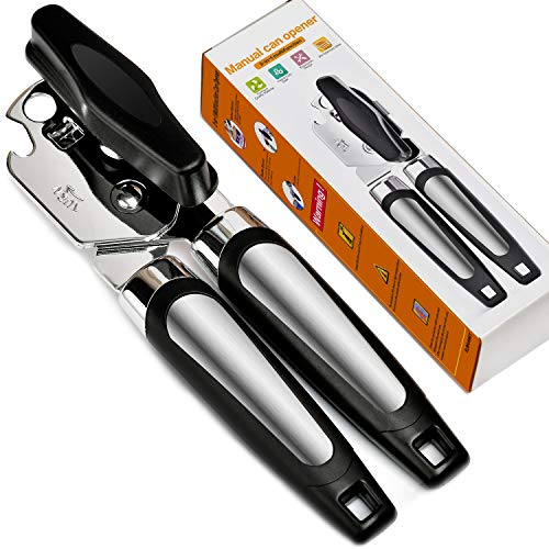 Can Opener, 3-In-1 Manual Can Openers, Cordless Tin Opener with Lids off Jar Opener and Bottle Opener in One, Smooth Edge and Heavy Duty Stainless Steel Sharp Blade
