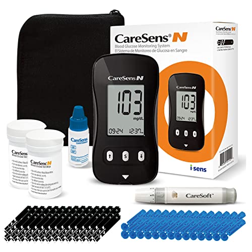 CareSens N Blood Glucose Monitor Kit with 100 Blood Sugar Test Strips, 100 Lancets, 1 Blood Glucose Meter, 1 Lancing Device, Travel Case for Diabetes Testing Kit (Auto-Coding Glucometer kit with 1 Control Solution)…