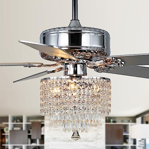 CNCMtiger 52" Crystal Ceiling Fan with Lights, Modern Fancy Chandelier Ceiling Fan with Remote Control Dual Reversible Blades for Living Room Bedroom Dining Room