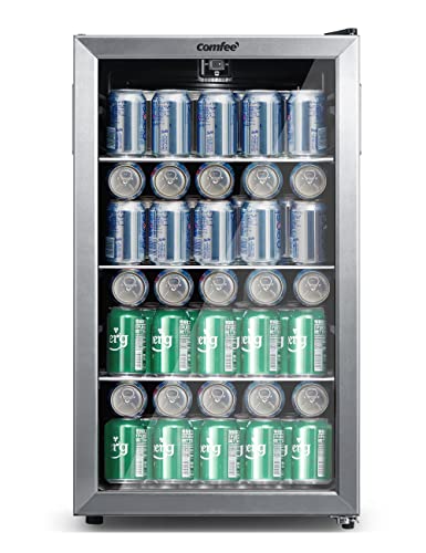 COMFEE' CRV115TAST Cooler, 115 Cans Beverage Refrigerator, Adjustable Thermostat, Glass Door With Stainless Steel Frame, Reversible Hinge Door And Legs For Home, Apartment