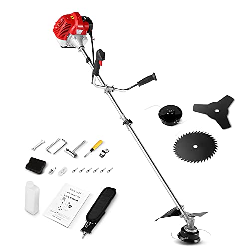 COOCHEER 58CC Weed Wacker Gas Powered 18.5" Cutting Path 4 in 1 Gas Powered Brush Cutter with 4 Detachable Heads Straight Shaft 2-Cycle Weed Eater Gas Powered for Weed, Brush, Red