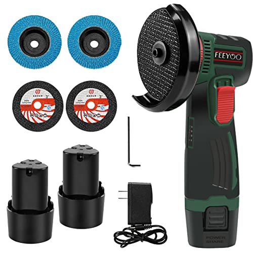 Cordless Angle Grinder, Mini 12.6V Battery Brushless Power Motor 19500 tr/min for Metal Wood Polishing, Thin Steel, Pipe, Plastic Cutting, Hand Cut Off Electric Grinding Tool (2 Batteries,4 discs 3”)