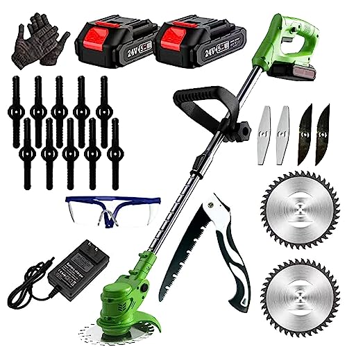 Cordless Weed Wacker Electric Weed Eater Battery Powered 21V 2Ah, Lightweight Grass Trimmer/Lawn Edger/Mower/Brush Cutter, Push Wheeled No String Trimmer 4 Types Blades, Weeder Tool, Garden Yard