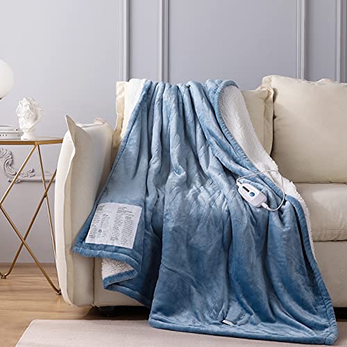 CORIWELL Electric Heated Blanket Throw Twin Size 62"x 84" Flannel & Sherpa Reversible, ETL Certification 4 Heat Settings with 10hrs Timer Auto Shut Off, Machine Washable Fast Heating Blue Blanket