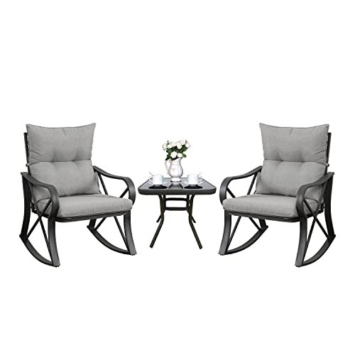 COSIEST 3 Piece Bistro Set Patio Rocking Chairs Outdoor Furniture w Warm Gray Cushions, Glass-Top Table for Garden, Pool, Backyard