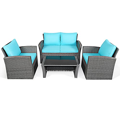 COSTWAY 4PCS Patio Rattan Furniture Set Sofa Table W/Storage Shelf Turquoise