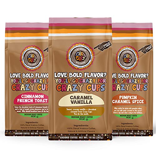 Crazy Cups Decaf Flavored Ground Coffee Variety Pack, Includes Cinnamon French Toast, Caramel Vanilla, Pumpkin Caramel Spice, in 10 oz Bags, For Brewing Flavored Hot or Iced Decaf Coffee, Variety 3 Pack
