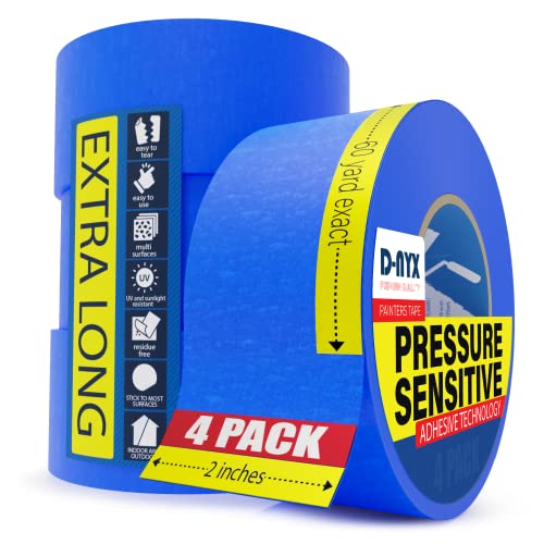 D-NYX 4 Pack Professional Painters Tape 2 inch x 60 Yards | Sharp Edge Line Technology | Residue-Free Multi-Surface Blue Painter Tape | Paper Masking Paint Tape for Wall Art Renovation (240 Total Yd)