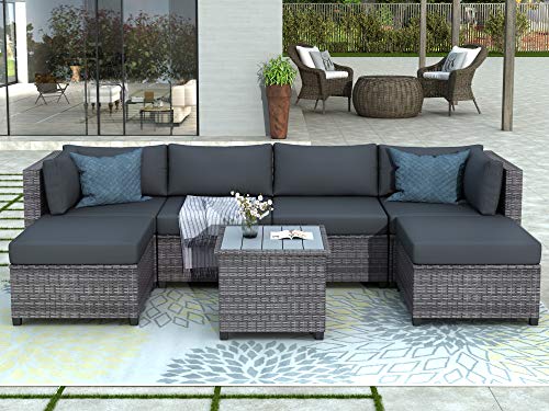 DHHU 7 Piece Outdoor Patio Furniture Sofa, Weather Wicker Sectional Conversation Sets with Modern Glass Coffee Table and Cushions, Gray+Grey