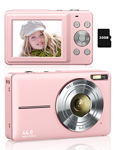 Digital Camera, Lecran Kids Camera with 32GB Card 2 Rechargeable Batteries, FHD 1080P 44MP Point and Shoot Cameras, 16X Zoom, Compact Small Vlogging Gift Camera for Kids Children Teens Girl Boy(Pink)