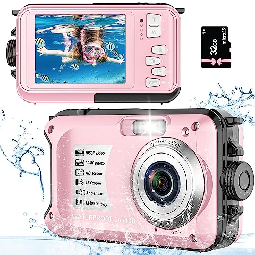 Digital Camera with 32GB Card Point and Shoot Waterproof Camera 10FT 30MP 1080P HD Video Compact Portable 16X Zoom Waterproof Digital Camera for Kids