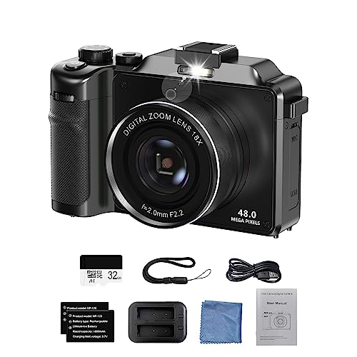 Digital Camera,Cameras for Photography,48MP&4K&18X Zoom,AutoFocus,Anti-Shake,32GB Micro SD+2 Batteries,Travel Portable Camera Beginner Vlogging Camera Black,Gray