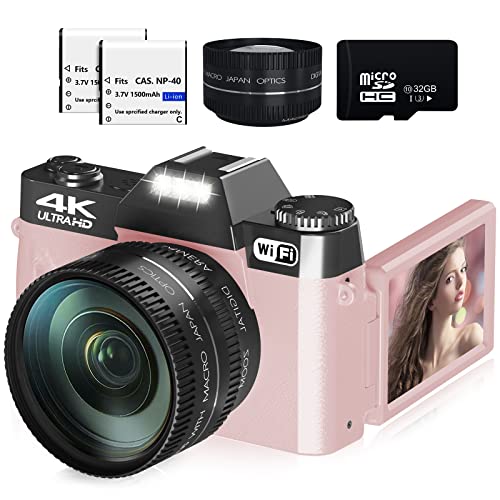 Digital Cameras for Photography, 4K 48MP Vlogging Camera for YouTube with WiFi, Manual Focus, 16X Digital Zoom, 52mm Wide Angle Lens & Macro Lens, 32GB TF Card and 2 Batteries(Pink)