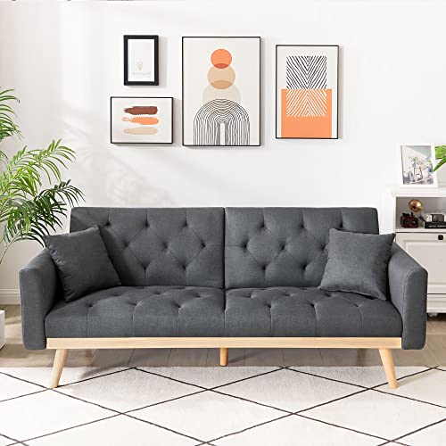 DKLGG Modern Futon Sofa Bed, Convertible Bed Folding Linen Fabric Sofa Bed Couch with Two Pillows, Adjustable Backrest Loveseat Couch Sofa, Sleeper Sofa Couch with Removable Armrests for Living Room