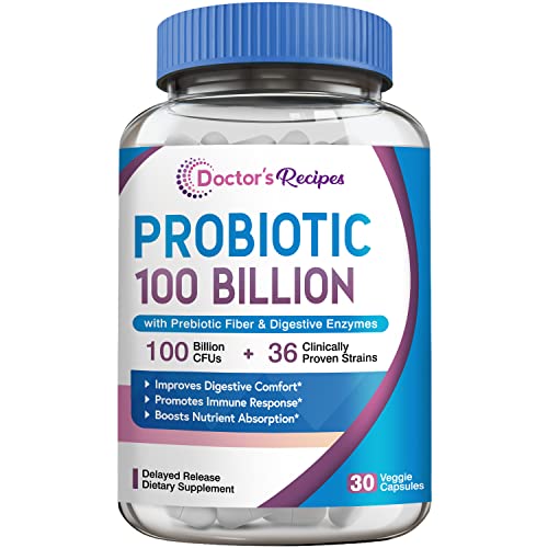Doctor's Recipes Probiotics for Women & Men, 100 Billion CFUs, with Organic Prebiotic Fiber & Enzymes, Digestive & Immune, Shelf Stable, Delayed Release, 30 Caps