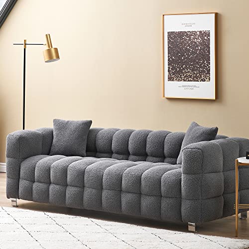 Dolonm Modern Sofa Couch with Metal Legs Upholstered Tufted 3 Seater Couch with 2 Pillows Decor Furniture for Living Room, Bedroom, Office, 80 Inch Wide (Grey-Teddy)