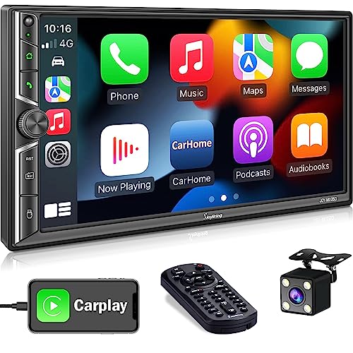 Double Din Car Stereo with Voice Control CarPlay, Bluetooth, Mirror Link, 7 Inch HD Capacitive Touchscreen Multimedia Player, Backup Camera, Subw, USB/SD Port, FM/AM Car Radio Receiver