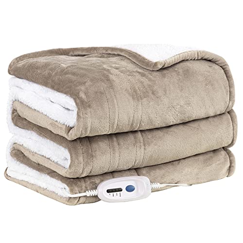 DoWin Heated Electric Blanket Twin Size - 10hrs Timer Auto-Off &4 Heating Levels,Faux Fur & Sherpa Heating Blanket ETL Certified Machine Washable for Home Office Use (62”x84”,Camel)