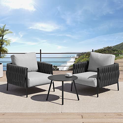 EAST OAK Life Chatter 3 Pieces Patio Furniture Set, Armchairs with Coffee Table, Outdoor Furniture with Thick Cushion, Modern Furniture Deep Seating for Outdoor Garden Porch, Earth Black & Misty Grey