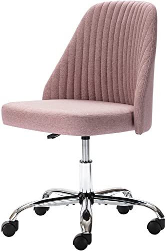 edx Home Office Desk Chair, Vanity Chair, Modern Adjustable Low Back Rolling Chair, Twill Upholstered Cute Office Chair, Desk Chairs with Wheels for Bedroom, Classroom, Vanity Room (Rose Pink)