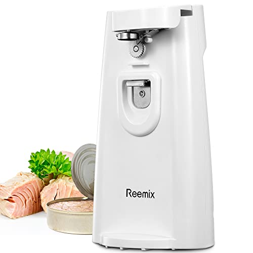 Electric Can Opener, Reemix Automatic Can Opener with Knife Sharpener and Bottle Opener 3 in 1, Easy Push Down Lever (White)