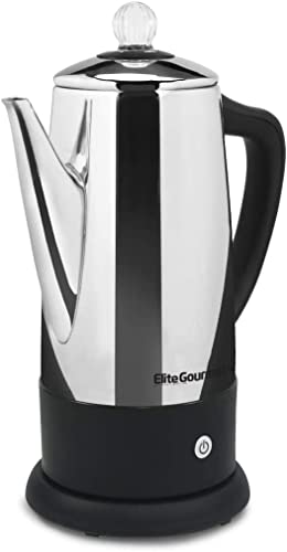 Elite Gourmet EC812 Electric 12-Cup Coffee Percolator with Keep Warm, Clear Brew Progress Knob Cool-Touch Handle Cord-less Serve, Stainless Steel