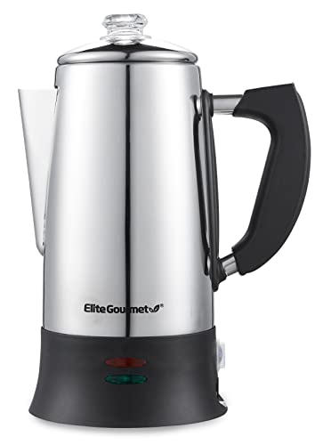 Elite Gourmet EC922 Electric Coffee Percolator Glass Clear Brew Progress Knob, Cool-Touch Handle, Cordless Serve, 12-Cup, Stainless Steel