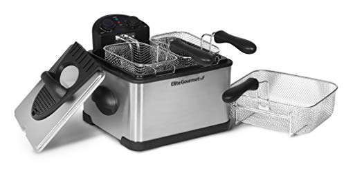 Elite Gourmet EDF-401T Electric Immersion Deep Fryer 3-Baskets, 1700-Watt, Timer Control, Adjustable Temperature, Lid with Viewing Window and Odor Free Filter, Stainless Steel and Black