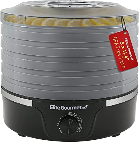 Elite Gourmet EFD319BNG Food Dehydrator, 5 BPA-Free 11.4" Trays Adjustable Temperature Controls, Jerky, Herbs, Fruit, Veggies, Dried Snacks, Black and Grey, 5 Trays