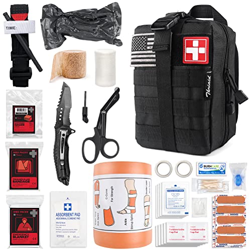 Emergency Survival First Aid Kit with Tourniquet, 6" Israeli Bandage, Splint, Military Combat Tactical Molle IFAK EMT for Trauma Wound Care, Gun Shots, Blow Out, Bleeding Control and More (Black)